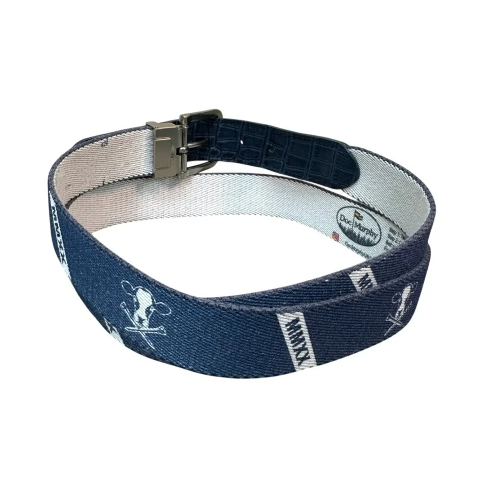 Doc Murphy Mens Navy Blue Canvas Leather Golf Belt Cow Crossbones MMXX 50 Inch